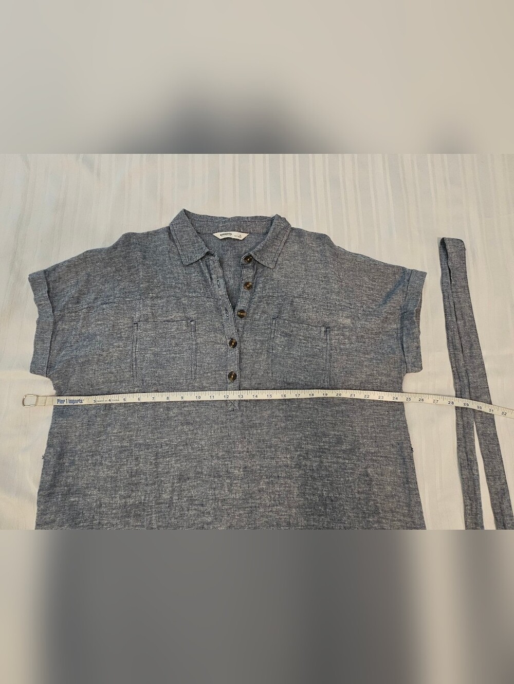 Sonoma Shirt Dress - Blue Linen Rayon Button Pocket Tie Short Sleeve - Size XL - Picture 4 of 10